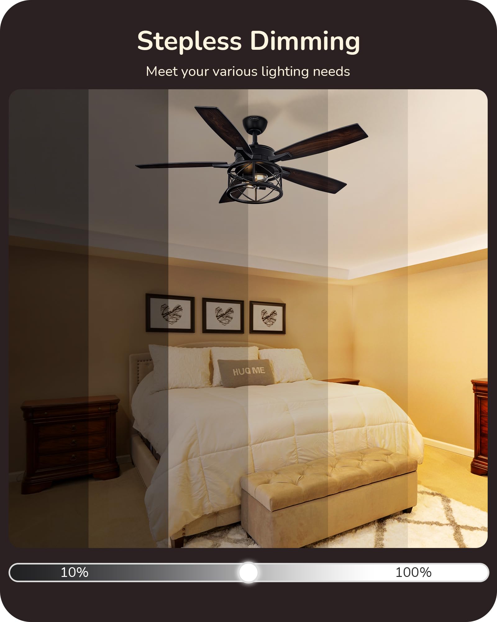 EDISHINE 52 Inch Farmhouse Ceiling Fans with Lights, Remote Control, 5 Wooden Blades, Dimmable, Timer, 6 Speeds Reversible DC Motor, Rustic Lighting & Ceiling Fan for Bedroom Living Room, UL Listed