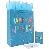 16.5" Extra Large Happy Birthday Gift Bag Set with Handles, Greeting Card, Blue Tissue Papers and Stickers for Boys Teens for Baby Shower, Kid's Birthday Party, Newborn, Cute Design, 1 Pcs