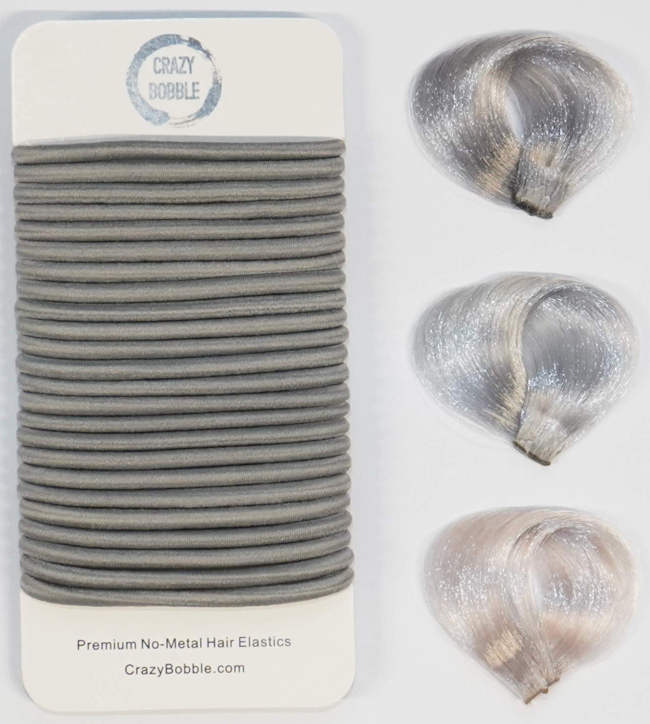 24 Pcs Crazy Bobble® Premium Non-Metal Hair Elastics Hair Bands 4mm Thick Hair Ties For Adults and Kids (Grey)