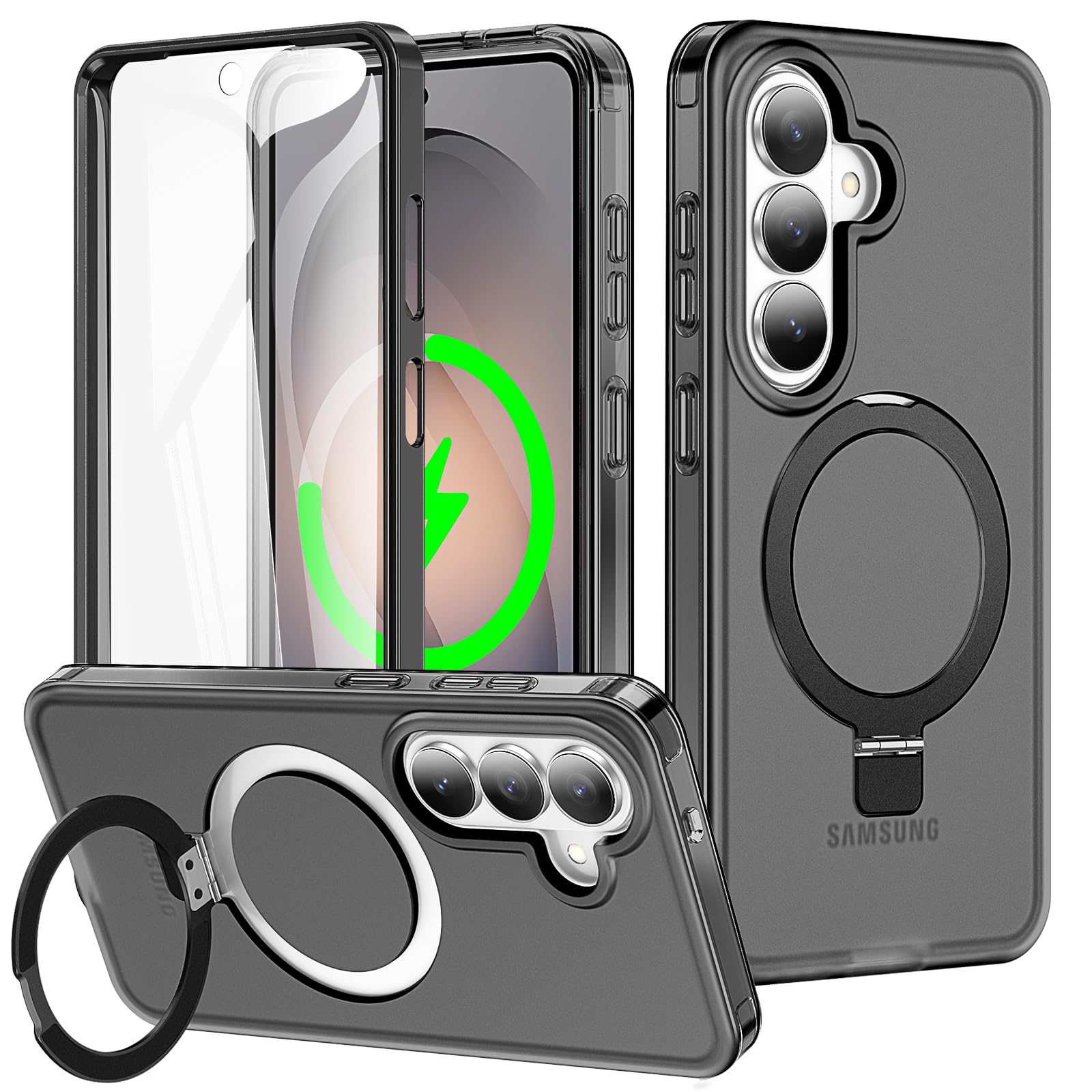 Turquiase for Samsung Galaxy S26 Plus Case with Magnetic Invisible Stand[Compatible with MagSafe] with Screen Protector Dual Layer Full Body Military Shockproof Translucent Phone Cover-Black