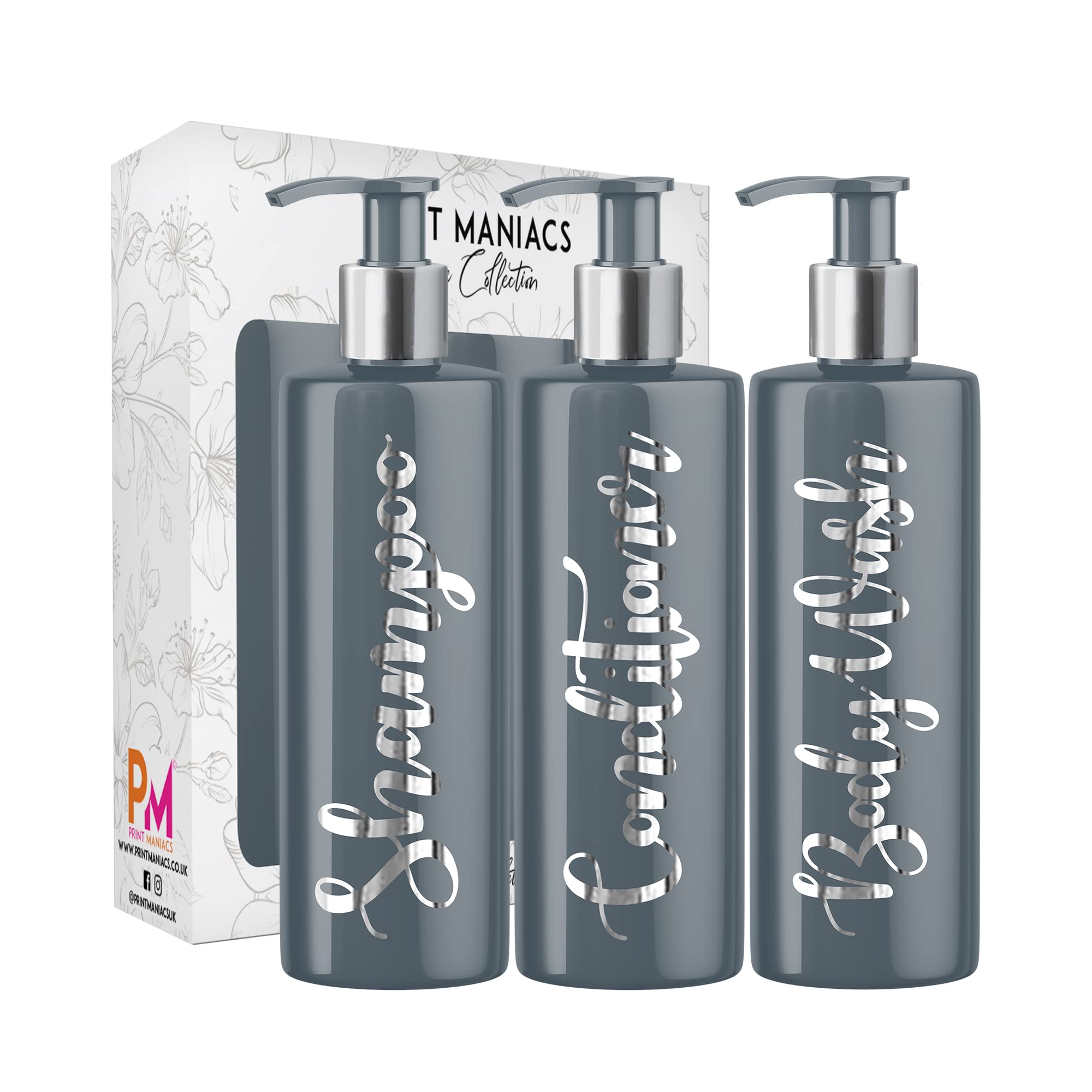 Print Maniacs 3 Set Mrs Hinch Inspired Grey Personalised 500ml Dispenser Pump Bottles Shampoo Conditioner Body Wash (Silver)
