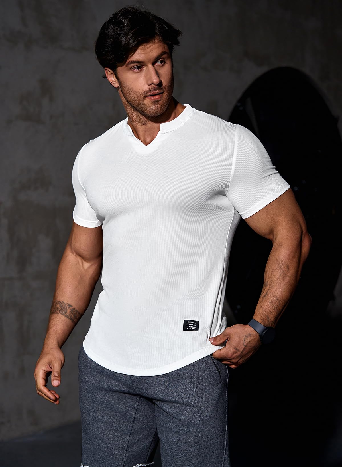JMIERR Mens Muscle Slim T Shirt V-Neck Longline Henley Shirt Gym Workout Athletic Tee Shirts