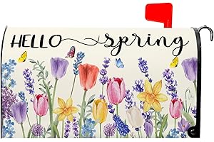 KAWANI Hello Spring Mailbox Covers Tulip Lavender Butterfly Spring Decorative Mailbox Covers Magnetic Standard Size 21x18 Inch Rustic Waterproof Mailbox Wraps Post Letter Box Covers Garden Yard Outdoor Decor