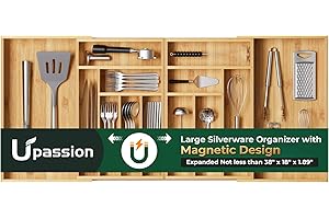 Large Silverware Organizer, 13 Slots Magnetic Connected Expandable Bamboo Utensil Drawer Organizer From 21 to 37.4 Inches, Ad