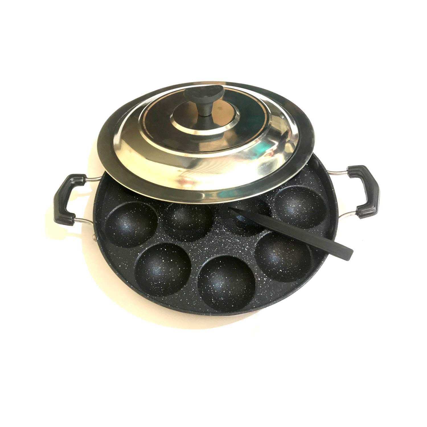 Non-Stick Heavy Duty 12 Cavity (Pits) Appam Patra Two Side Handle with Steel lid Paniyarakkal Paniyaram Appam Pan Aebleskiver Maker