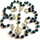 elegantmedical HANDMADE RARE Peacock buleTiger Eye Jade Beads SEVEN 7 SORROWS MARY MEDAL Rosary Necklace Catholic GIFTS