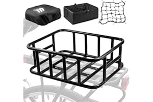 MOSXOED Bike Basket Rear, Bicycle Rear Basket with Cargo Net, Waterproof Cover and Liner, Heavy Duty Bicycle Basket Rear for Most Bikes & Electric Bike