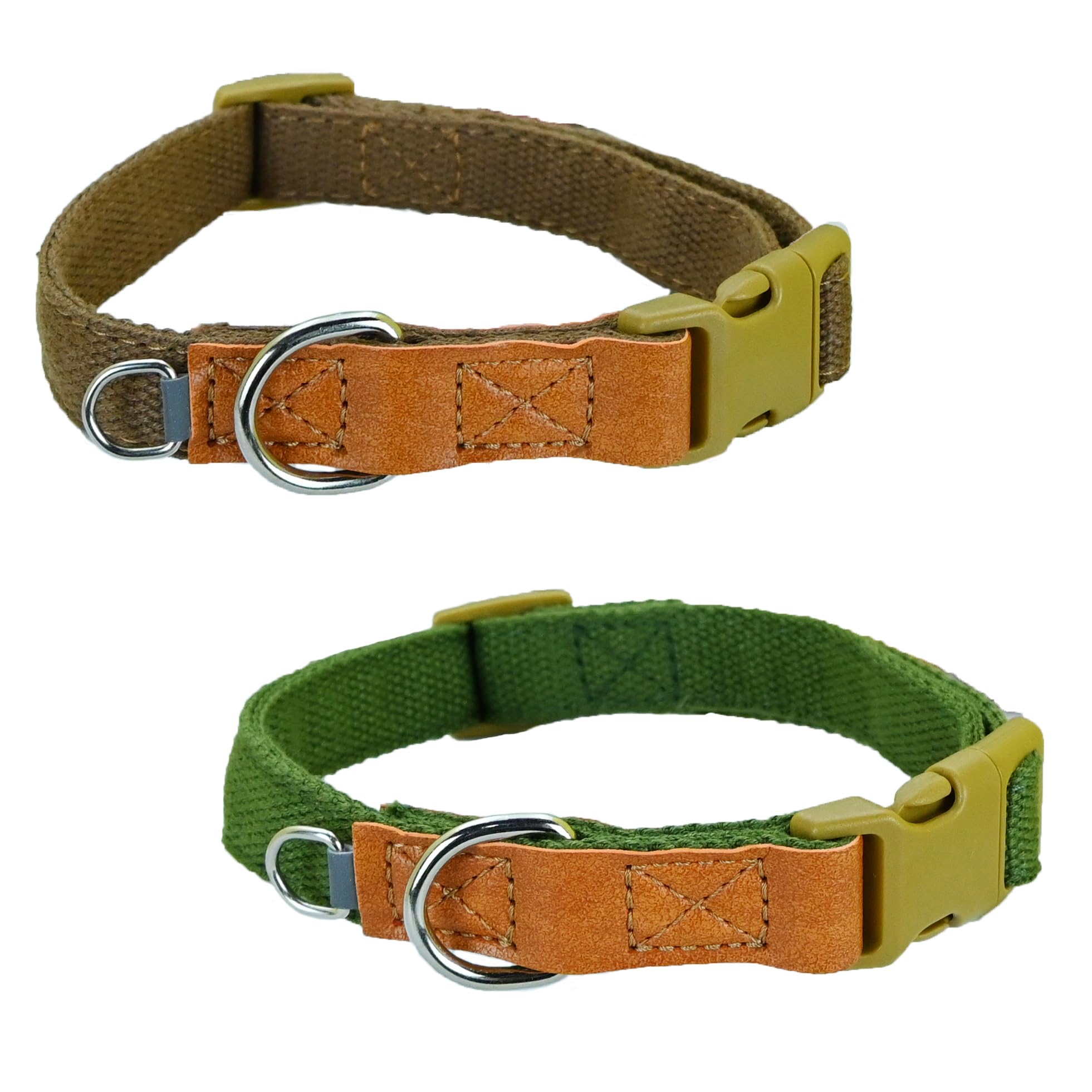 Newtensina Fashion 2 Pieces Soft Polyester Cotton Dog Collar Puppy Collar with Expanding Small D-Ring Design for Medium Dogs Large Dogs - GreenBrown - S