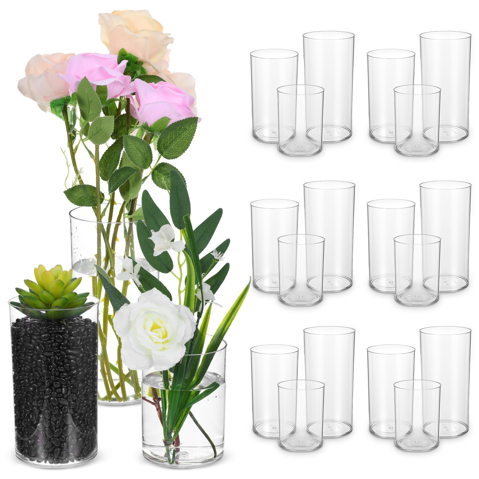 Photo 1 of 18Pcs Clear Acrylic Cylinder Vase for Centerpieces, 3 Sizes Shatter-Proof Plastic Cylinder Vase for Home Office Wedding Decorations