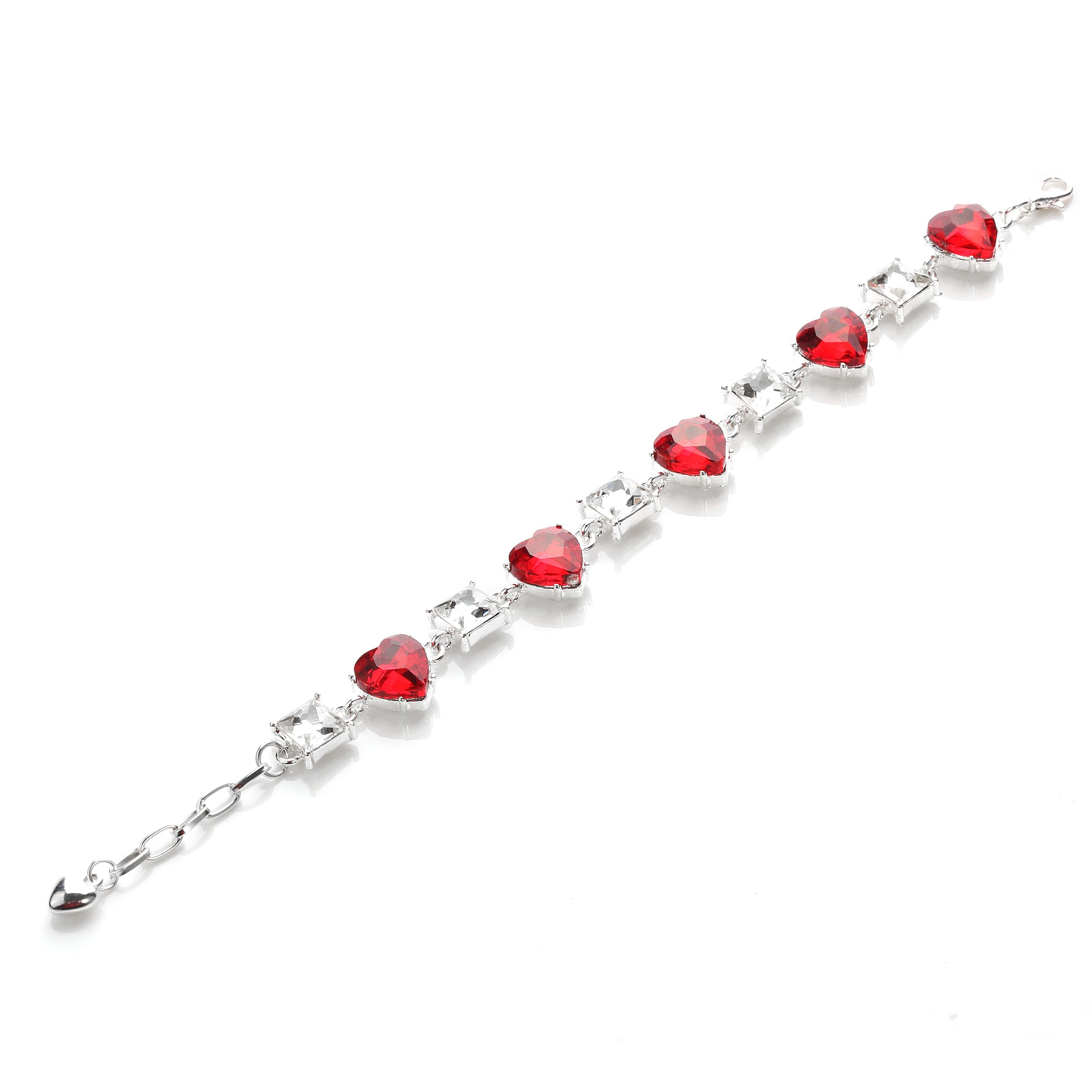 NOVADAB Red Heart Gem Tennis Bracelet, Silver Plated Red and White Stone Studded Perfect Fit Bracelet – 6.5”
