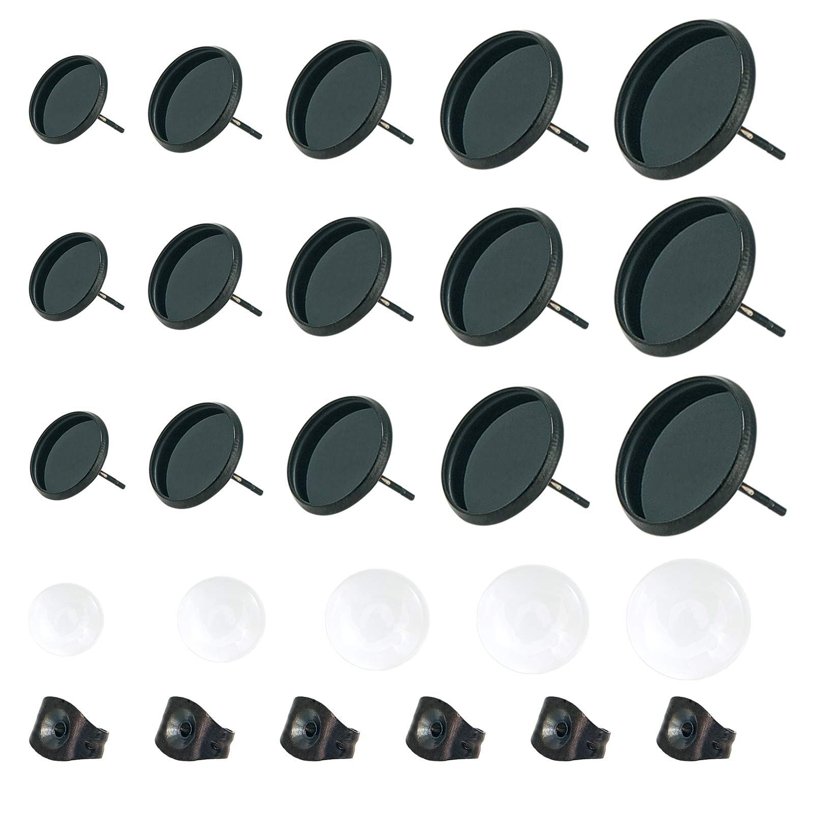 UNICRAFTALE 30 Sets 5 Sizes 6/8/10/12/14mm Black Earring Bezel with Transparent Glass Cabochons Stainless Steel Stud Earring Cabochon Setting Flat Round Bezel Tray for Jewelry Making