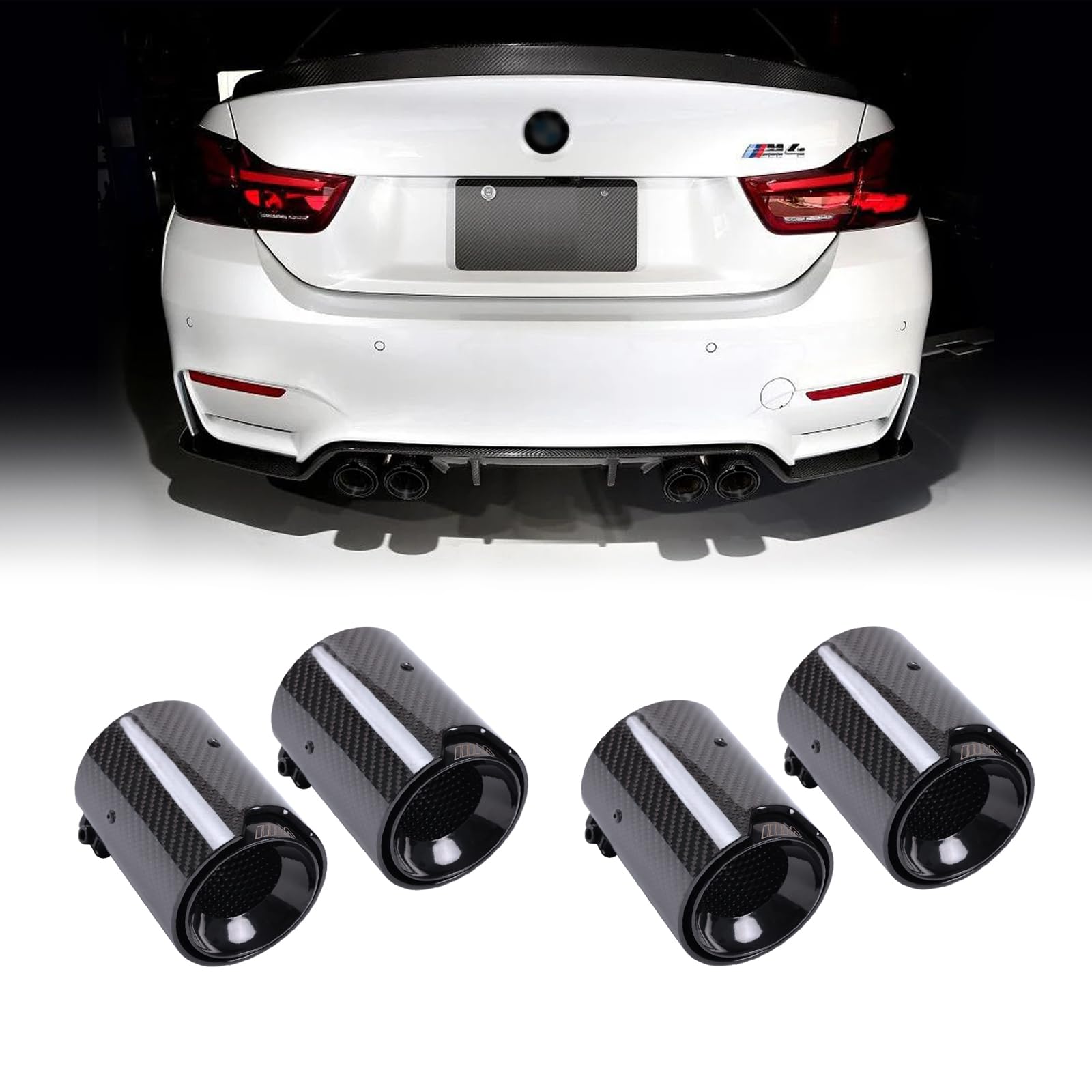 Photo 1 of 4-Piece Set Carbon Fiber Exhaust Tips for BMW F87 M2 F80 M3 F82 F83 M4 F10 M5 F12 F13 F06 M6 Stock Exhaust, Glossy Black Inner Layer Tailpipe Tip (2011-2021)