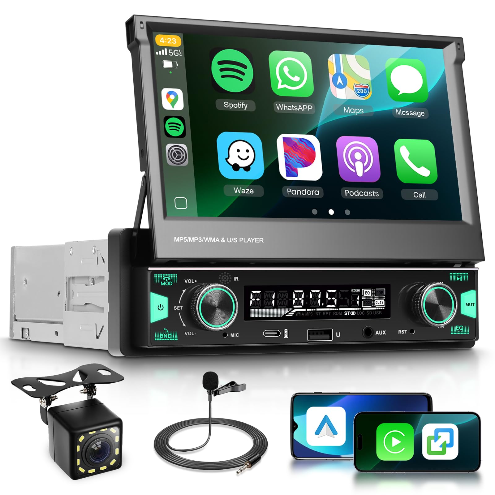 Photo 1 of Single Din Touchscreen Car Stereo with AM/FM/RDS Wireless Carplay & Android Auto, 7 inch Flip Out Screen Car Stereo with Bluetooth Car Radio, Backup Camera, Mirror Link USB/AUX/Type-C Ports