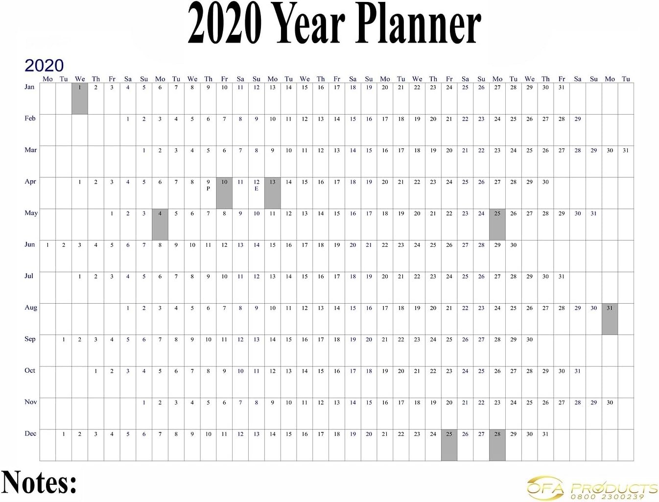 2020 Maxi Wall Calendar Poster, Staff Holiday Chart Plan, Wall Project Planner (Organiser), UK Poster 33 x 24 Inches