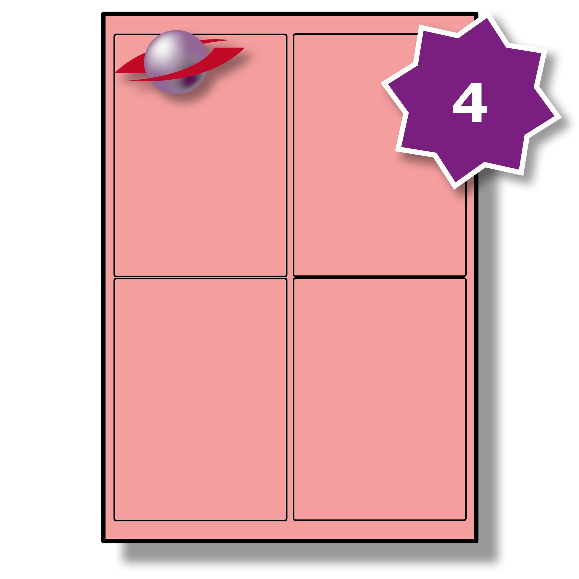 Label Planet® 4 Per Sheet, 25 Sheets (100 Pink Labels). Coloured Paper Labels Rounded Corners, 99.1 x 139mm, LP4/99 C.