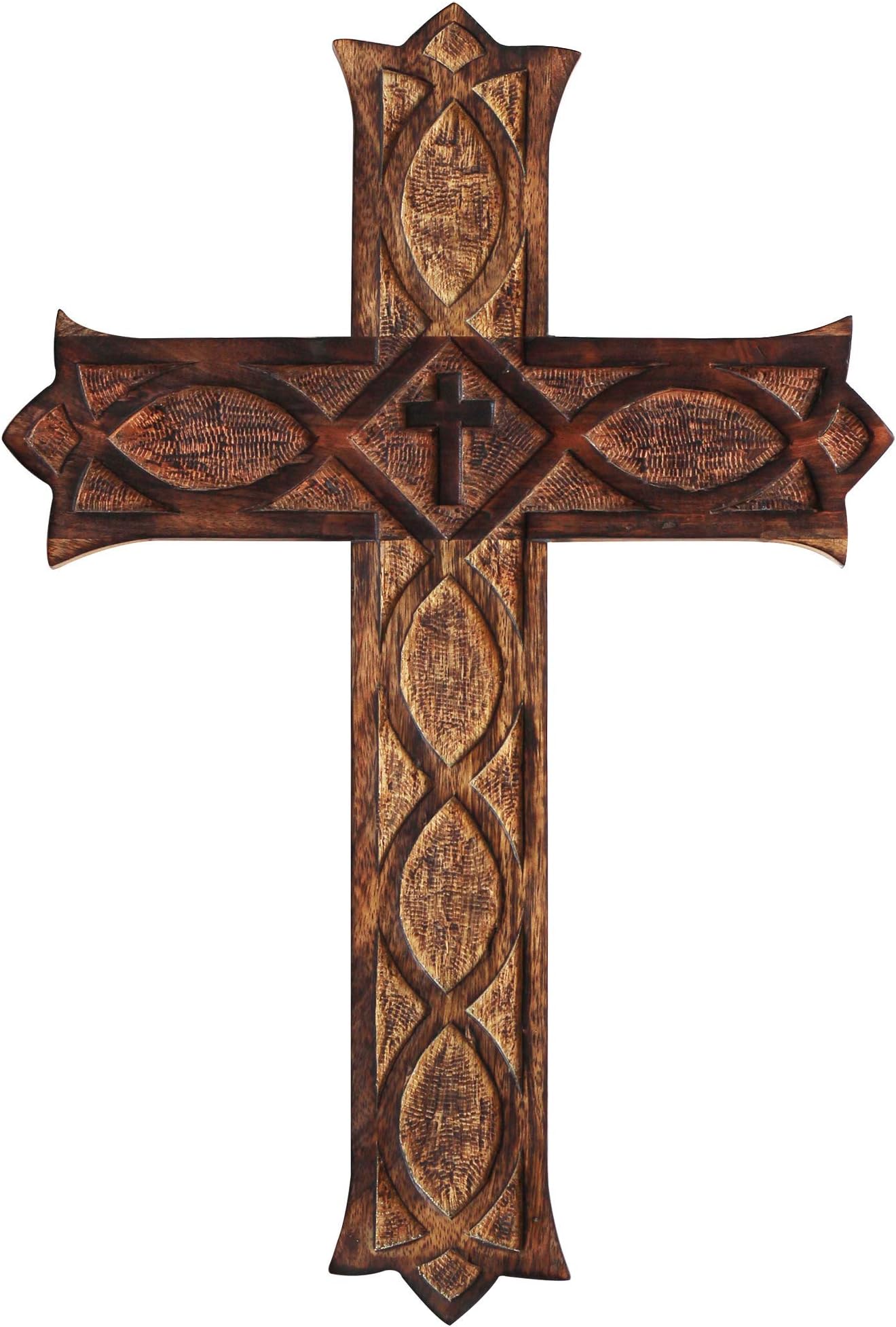 W Weblytech 18 Inches Wooden Wall Hanging French Cross with Celtic Hand Carvings Religious Cross Home Living Room Decor