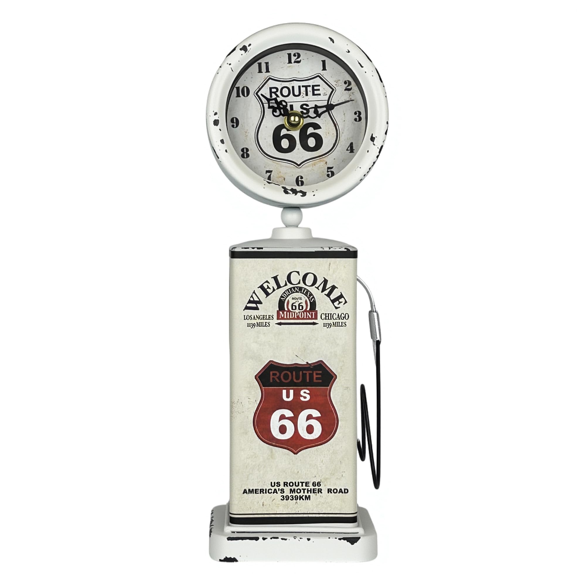 Lily's Home Old Fashioned Route 66 Gas Pump Mantle Clock, Silent-Non-Ticking with Quartz Movement, Makes an Ideal Gift for Antique Sign Collectors, White (13 1/2