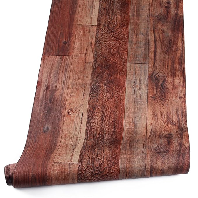 YT57 Distressed Wood Plank Wallpaper Rolls, Brown/Red Faux Wood Panel