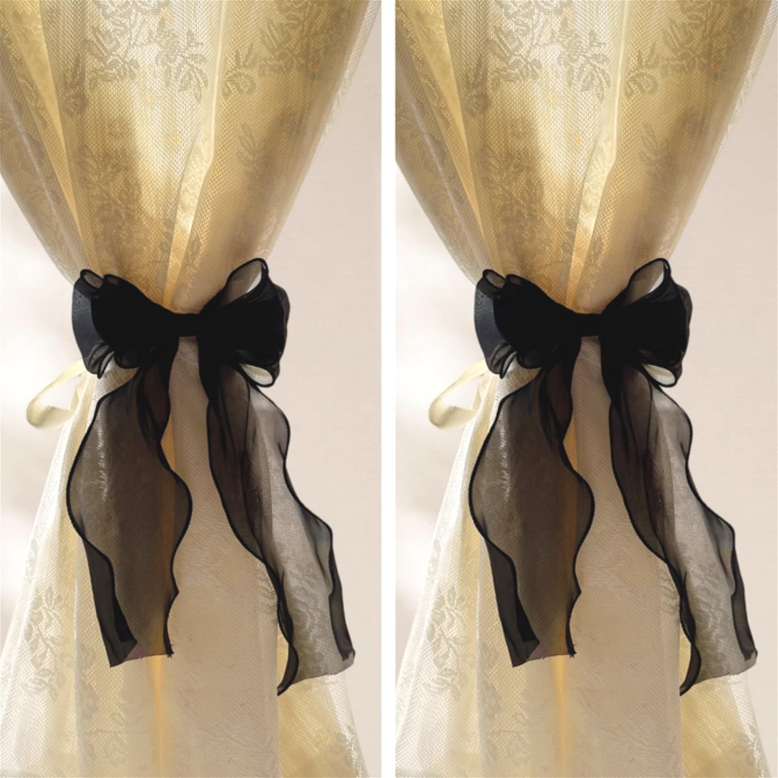 Photo 1 of 2 Pack French Silky Bow Curtain Tiebacks, Elegant Lace Ribbon for Curtains Decorative Rope Accessories Home Décor (Black,2)