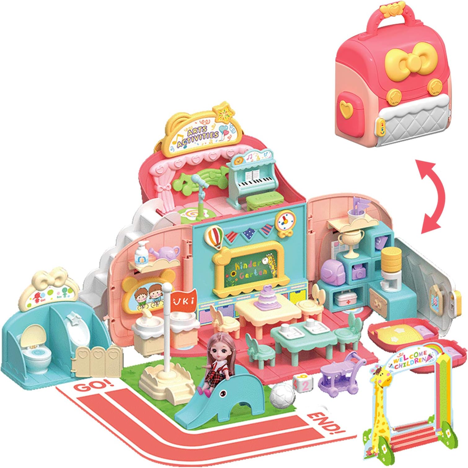 MITCIEN Doll Houses Portable for Girls, Dollhouse Set with Musical Pretend Play, 49pcs Dolls Furniture Set Kindergarten Toys for Indoor for Little People Preschool Toddler 3 4 5 6 7 Year Old Kids