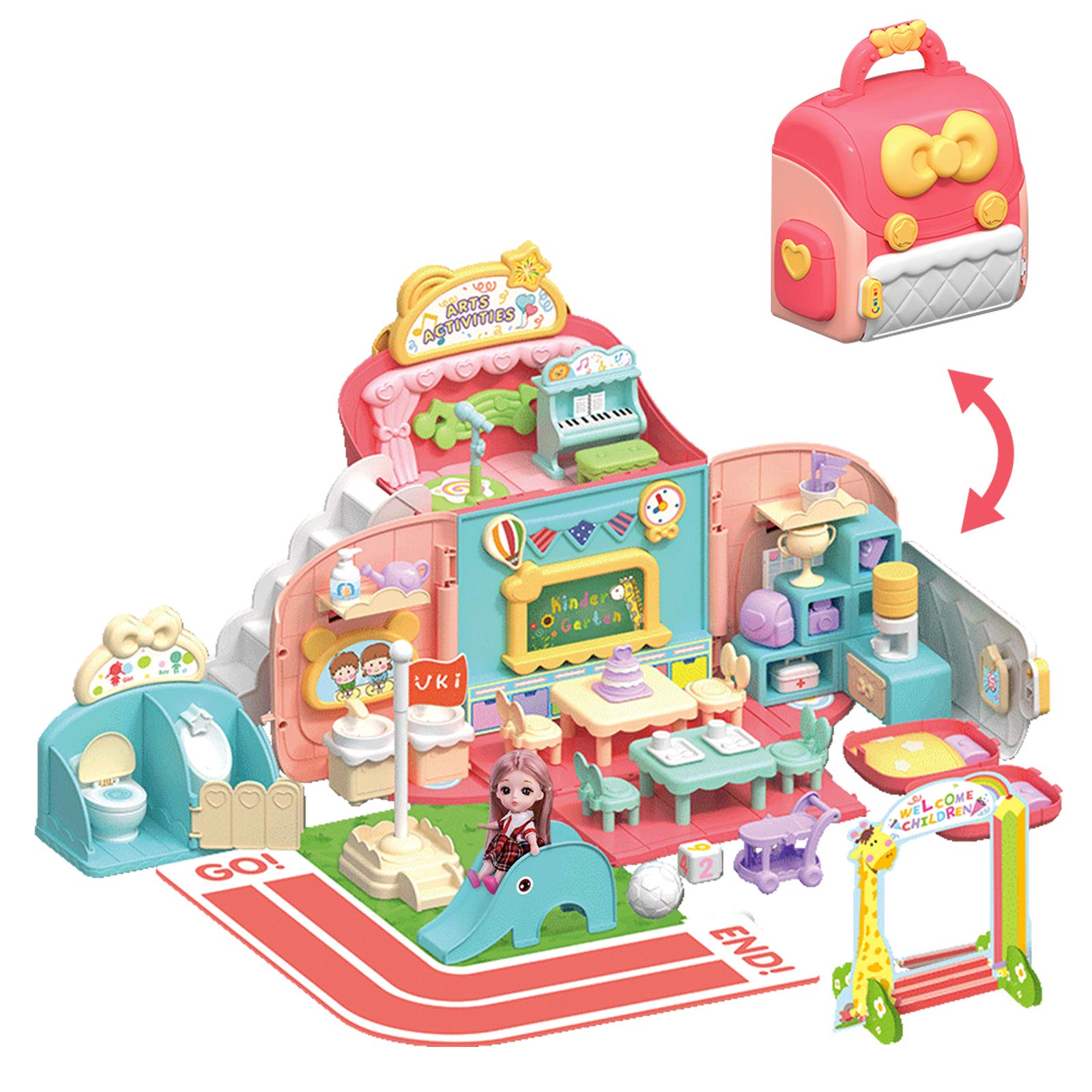 MITCIEN Doll Houses Portable for Girls, Dollhouse Set with Musical Pretend Play, 49pcs Dolls Furniture Set Kindergarten Toys for Indoor for Little People Preschool Toddler 3 4 5 6 7 Year Old Kids