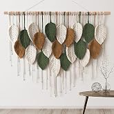 Large Macrame Wall Hanging Boho Woven Tapestry Chic Home Decor Wall Art | KHOYIME Modern Bohemian Handmade Leaf Feather Decoration for Apartment Dorm Living Room Bedroom Nursery Backdrop 39"W X29.5"L