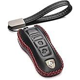 Vitodeco Genuine Leather Smart Key Fob Case Cover Protector with Leather Key Strap Compatible for Porsche Cayenne, Macan, Panamera, 718, 911, Taycan 2020 - 2026 (3-Button, Black/Red)