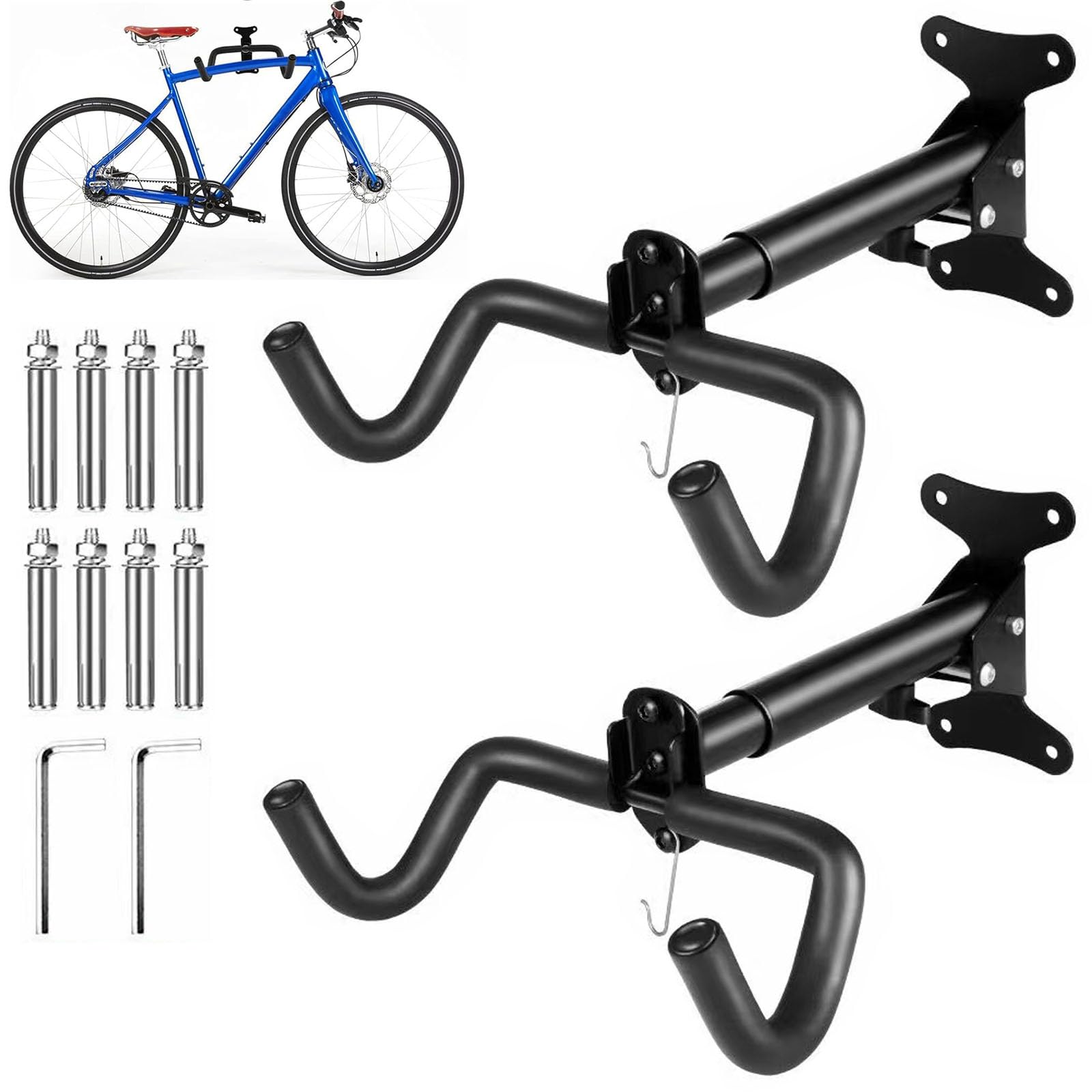 MUXHEL 2PCS Bike Wall Mount Bike Rack Wall Adjustable Extendable Wall Mounted Bike Rack with Soft Padding Protection Bike Hooks for Wall Home & Garage-Max Load Capacity 30KG