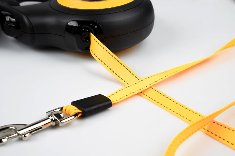Trela retrátil para cães, fita S - 5 m, Preto/Laranja – Pega antiderrapante, trela de fita, extensível, travão com uma mão, pausa, fechadura, fita refletora, livre de emaranhados, serviço pesado