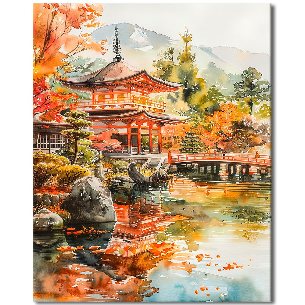 TISHIRON Adult Paint by Numbers Kit, Paint by Number for Adults - Traditional Japanese Landscape Art, Mountain & Temple Scene for Home Decor, Canvas Painting(16x20 Inch)