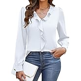 Womens White Dressy Casual Satin Blouse Ruffle V Neck Long Sleeves Work Shirt Business Tops