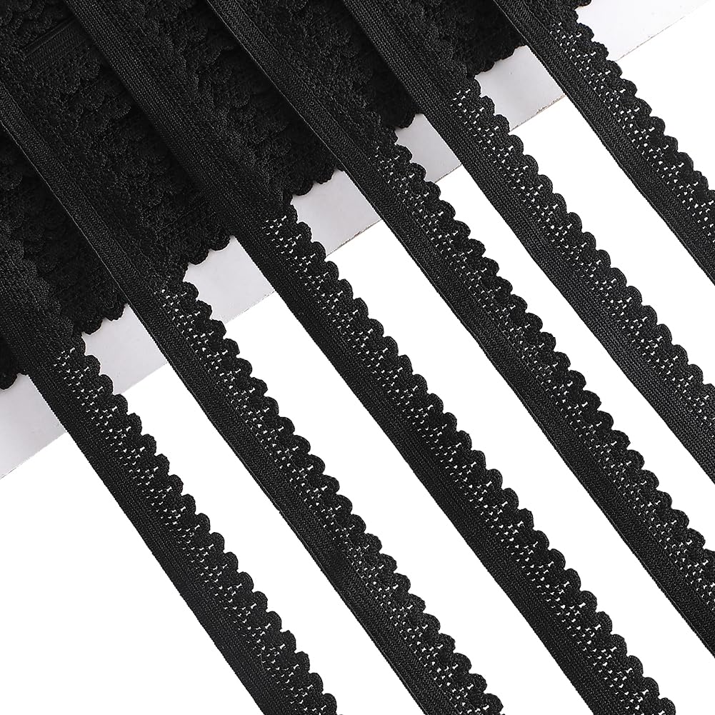 GORGECRAFT 13.7m Elastic Lace Trim 12mm Wide Black Stretch Edge Lingerie Edging Trimming Webbing Crocheted Lace Cord Ribbon for DIY Sewing Crafts Garment Choker Gift Wrapping Supplies