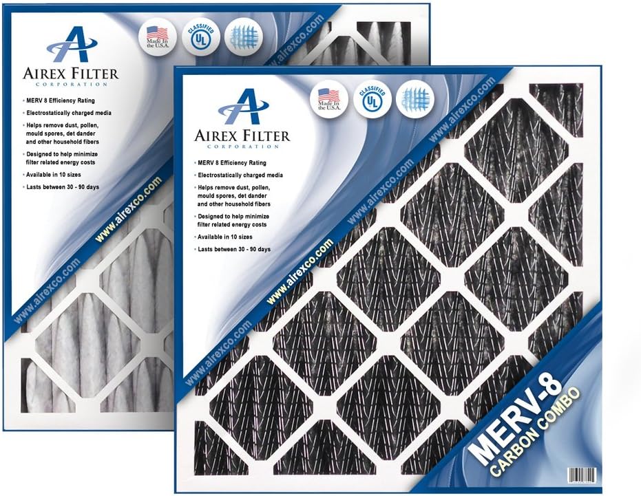 Airex 16x25x4 Carbon MERV 8 Pleated AC Furnace Air Filter, Box of 3 - Actual Size: 15 ½ X 24 ½ X 3 ⅝