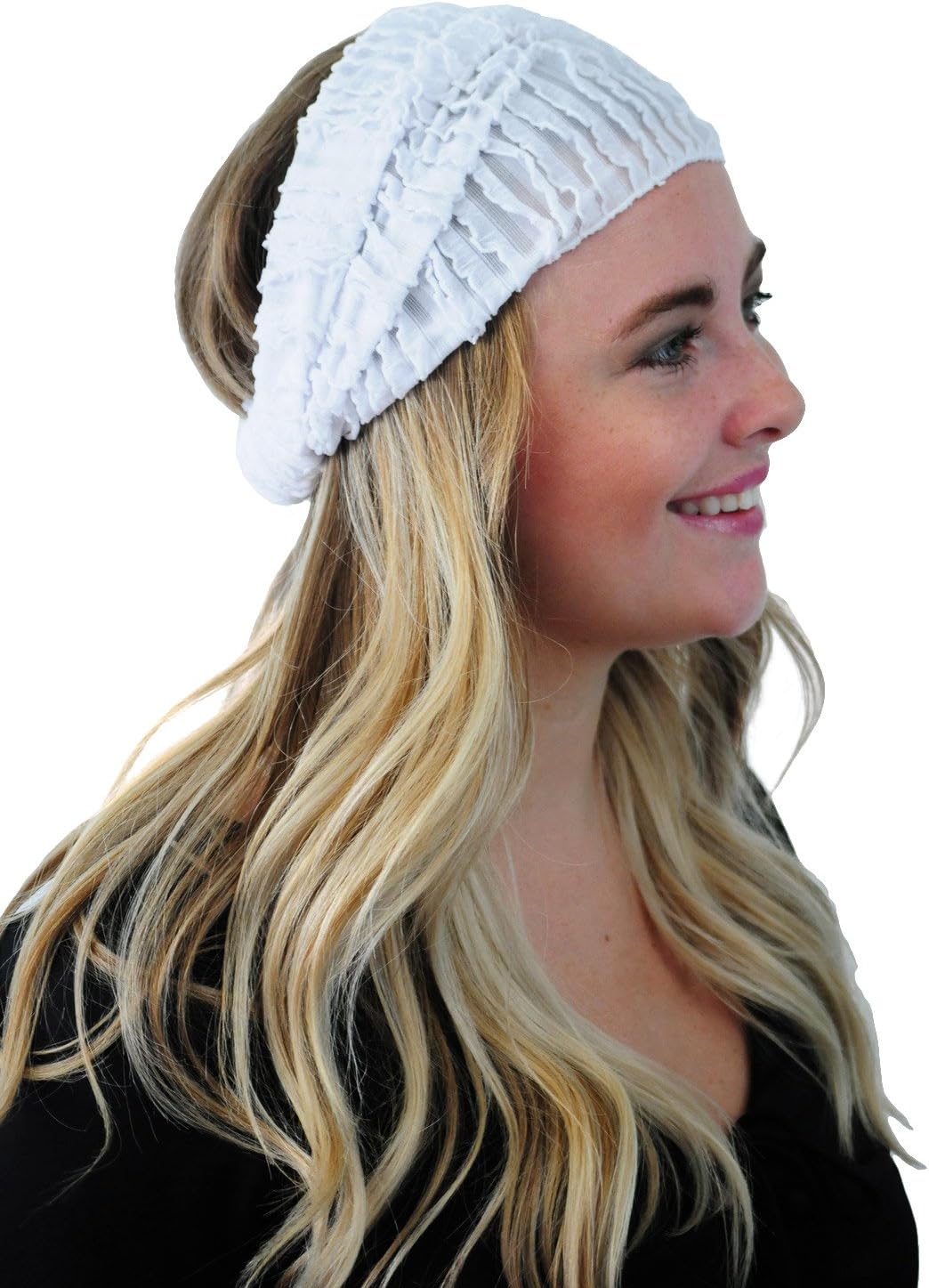 Boho Multi Way Headband White Ruffles, Stretchy Expandable Headband Headwrap