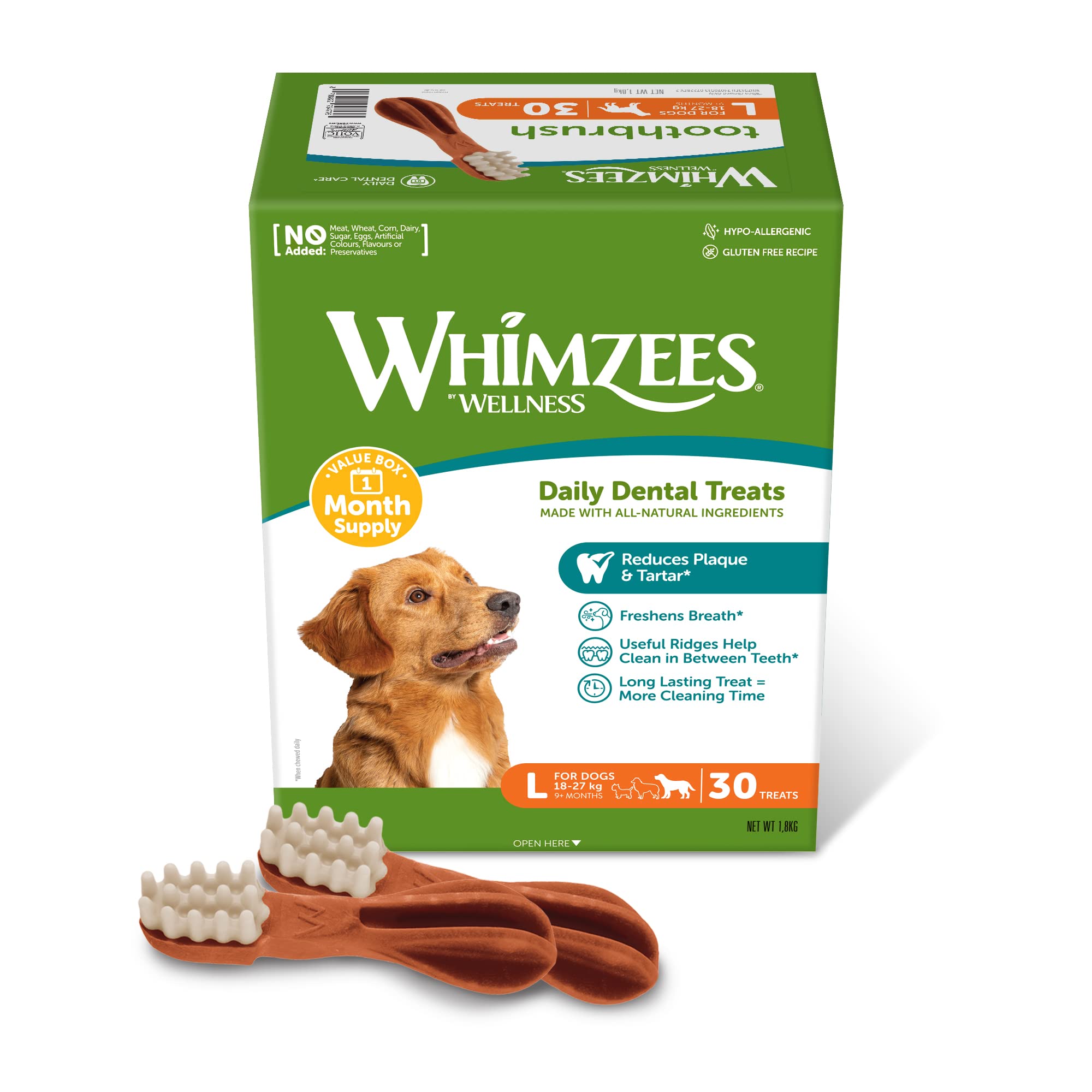 WHIMZEES Toothbrush L, Month Box, 30 Pieces – Dog Dental Stix, Size L, Dog Dental Sticks for Large Breeds, Natural and Grain Free, Rawhide-Free, Vegetarian, No Added Sugar