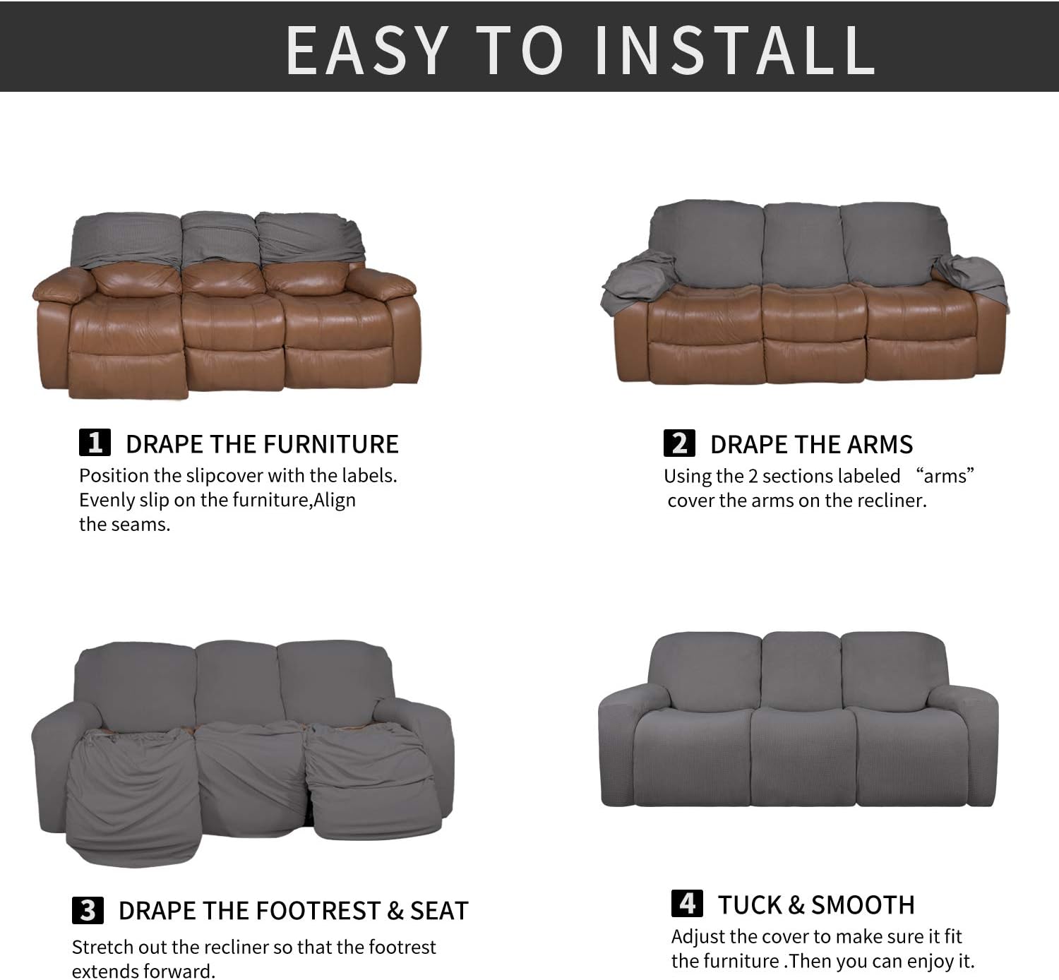 Easy-Going 8 Pieces Microfiber Stretch Sectional Recliner Sofa Slipcover Soft Fitted Fleece 3 Seats Couch Cover Washable Furniture Protector with Elasticity for Kids Pet(Recliner Sofa,Light Gray): Furniture & Decor