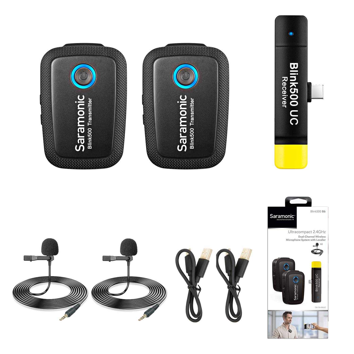 2.4GHz Wireless Lavalier Microphone,Saramonic Blink500 B6 Recording Mic Two Transmitters with battery-free Plug&Play USB Type-C Receiver for Samsung Galaxy, LG,HTC Google, and Other USB-C Type Devices