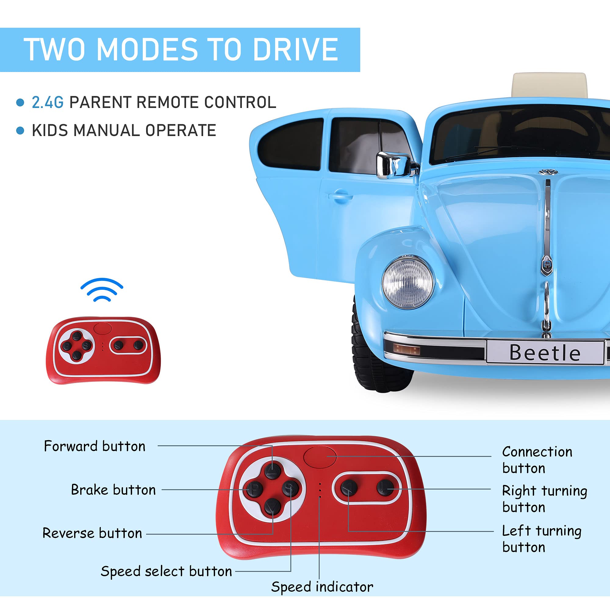 Aosom Licensed Volkswagen Beetle Electric Kids Ride-On Car 6V Battery Powered Toy with Remote Control Music Horn Lights MP3 for 3-6 Years Old Blue