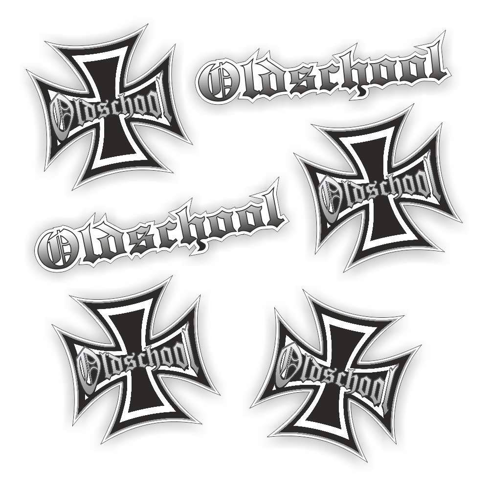 foil center 6X sticker set Oldschool Iron Cross - 4X cross 8x8cm - 2X lettering 13.5x3cm - high-quality sticker car tuning - EOM & JDM car sticker - funny car sticker - sticker bomb - car sticker