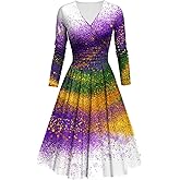 Mardi Gras Dress for Women New Orleans Carnival Party Dress Long Sleeve Warp V Neck Pleated A Line Swing Maxi Dresses