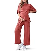 QUNISY Maternity Lounge Set 2 Piece Outfits Matching Short Sleeve Top Adjustable Long Pants Pregnancy Summer Loungwear