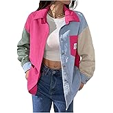 OYOANGLE Women's Plus Size Corduroy Jacket Button Down Shirts Boyfriend Long Sleeve Drop Shoulder Colorblock Blouses Coats