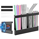 Carbon Steel Straw Holder for Cabinet, Heavy Duty Cabinet Straw Holder Organizer with Magnetic & Adhesive Mount, Rustproof Straw Organizer for Cabinet Door or Wall（black）