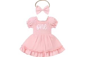IDOPIP Baby Girls Strawberry 1st Birthday Outfit Berry One Romper Smocked Dress Headband for Cake Smash Photo Shoot Party