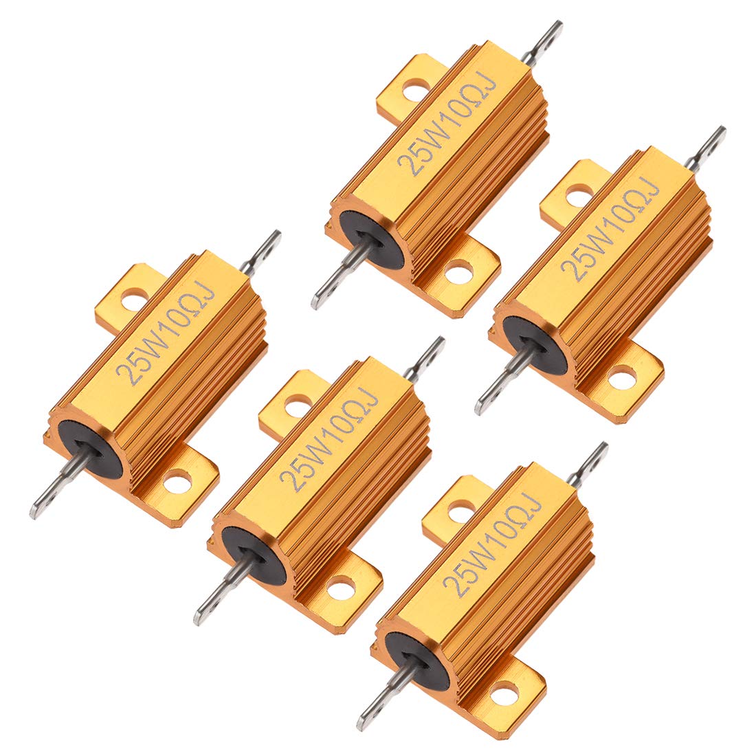 sourcingmap 25W 10 Ohm 5% Aluminum Housing Resistor Screw Tap Chassis Mounted Aluminum Case Wirewound Resistor Load Resistors Gold Tone 5 Pcs