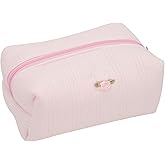 ZUNUONUO Handmade Quilted Cotton Makeup Bag for Women - Cute Cosmetic Pouch, Travel Toiletry & Make Up Organizer, Coquette Aesthetic Skincare Bag, Travel Essentials (Creamy Pink)