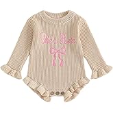 PUHHAPIEY Baby Girl Fall Winter Clothes Newborn She's Here Bow Embroidery Knit Sweater Romper Warm Casual Bodysuit