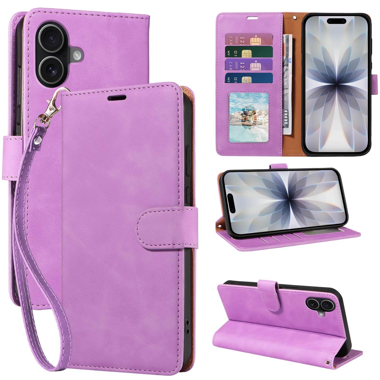 JHWVVTF RFID Blocking for iPhone 17 Wallet Case, 4 Card Slots Holder, Wrist Strap, Soft PU Leather, Shockproof Protective, Phone Stand, Flip Cases, Magnetic Closure, Folio Cover (Purple)
