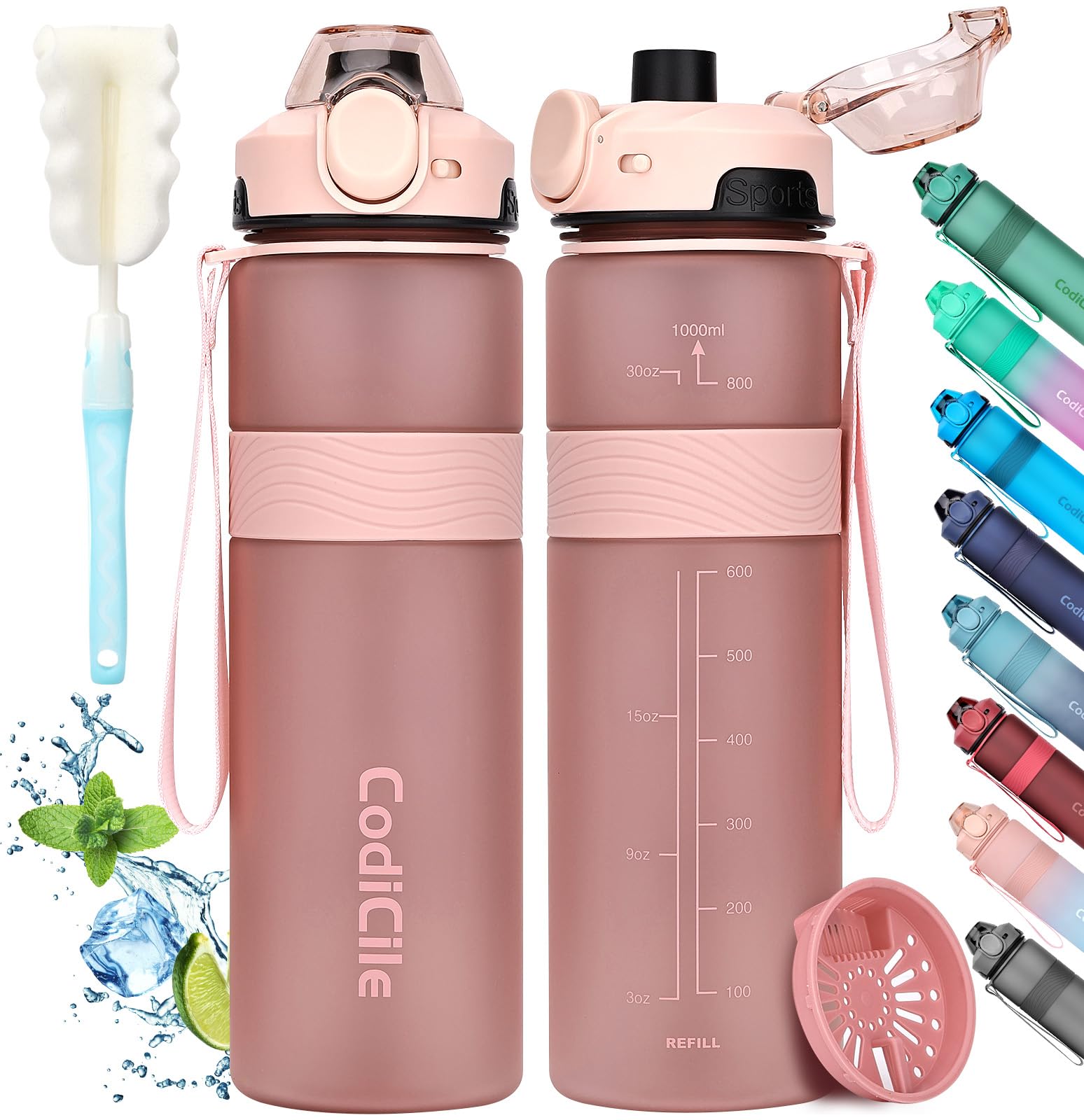CodiCile Water Bottle, BPA Free 1l Water Bottle Leak Proof Drinks Bottle, Large Sports Bottle Great for Gym, School, Office and Travel (Rose-gold Pink)
