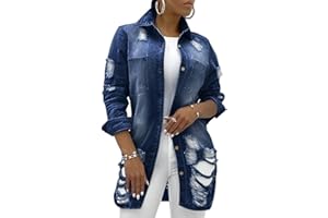sexycherry Denim Jacket for Women Long Sleeve Classic Trucker Jeans Long Coat Outwear with Pockets